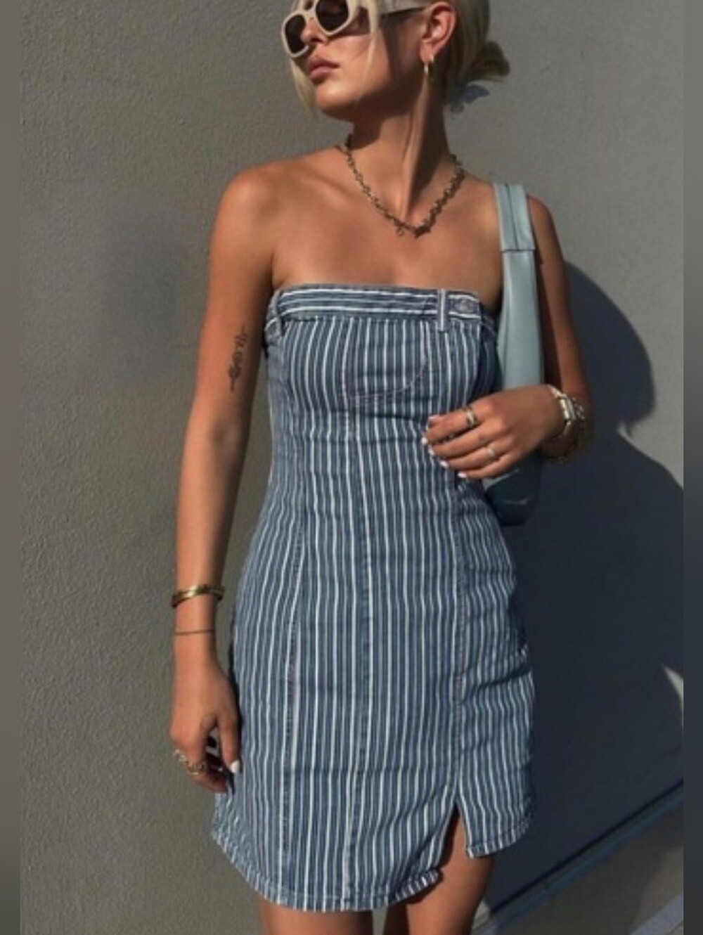 Zara Strapless Striped Denim Mini Dress